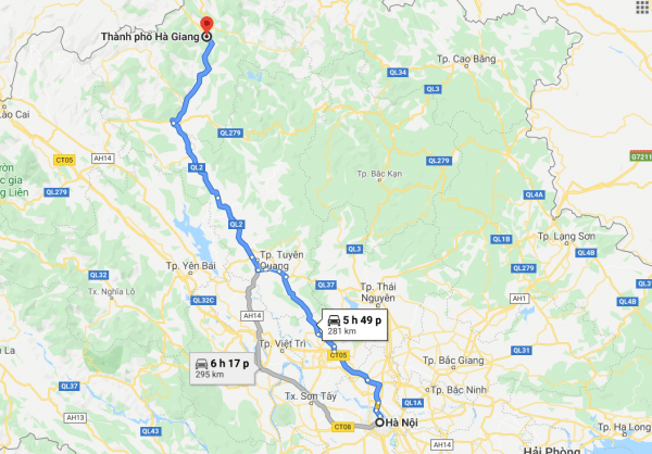 Distance and travel time from Hanoi to Ha Giang