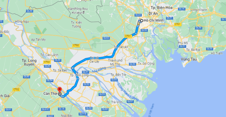 Route from Ho Chi Minh to Can Tho Bus