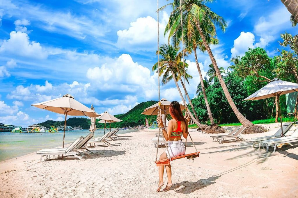 Long stretches of white, smooth sand and clear blue seawater in Phu Quoc