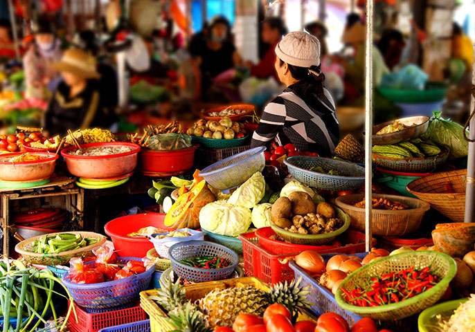Traditional ground markets are found in bustling town centers